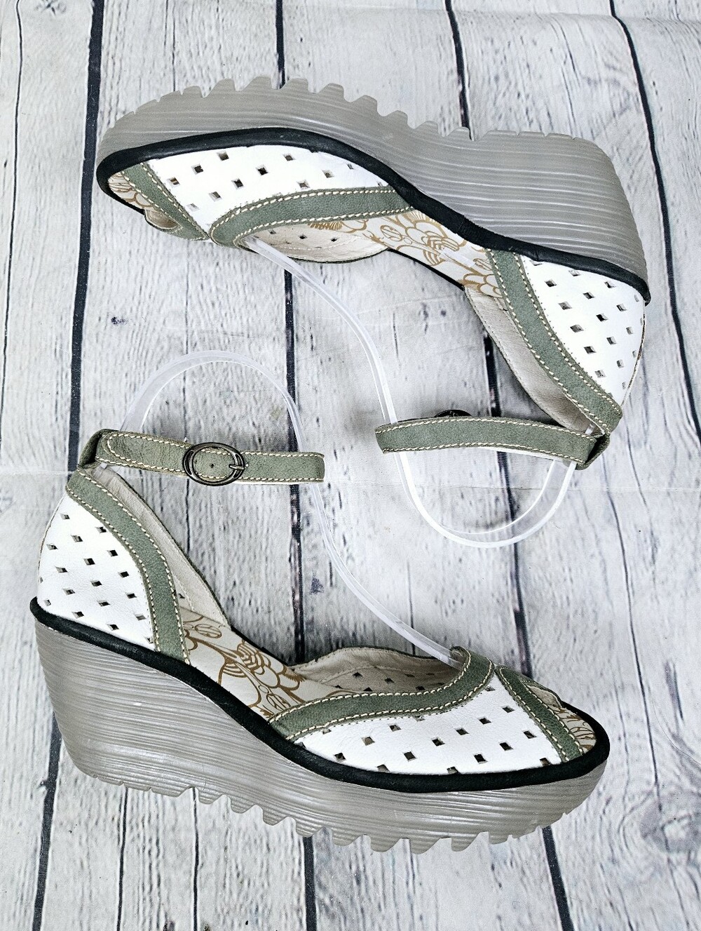 FLY LONDON | Ydel laser cut leather ankle strap peep toe wedge heel shoes